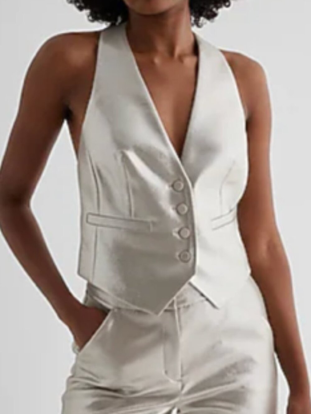 Express Metallic Beige Button Front Back Belt Stretch Halter Vest